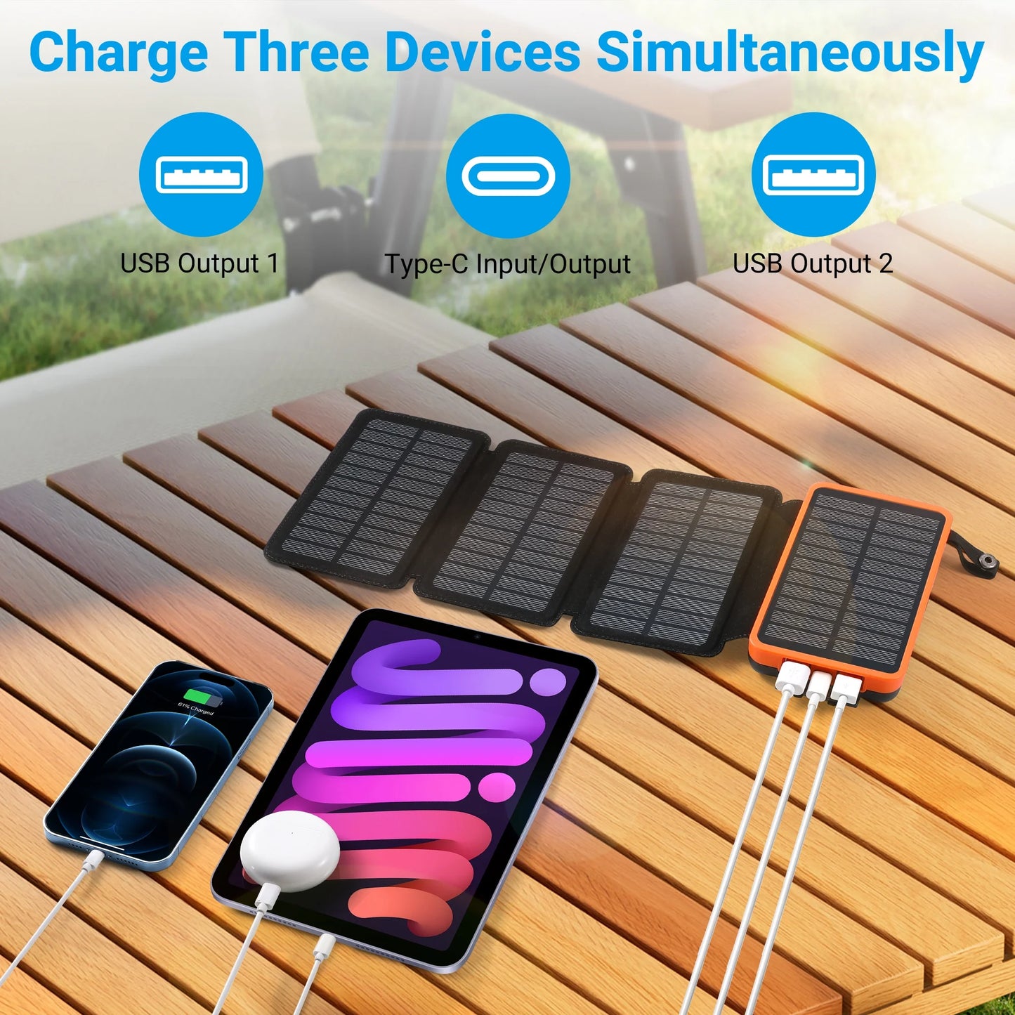 Power Up Anywhere: 30000mAh Waterproof Solar Charger with 4 Foldable Panels for iPhone & Android - Perfect for Camping, Hiking, and Travel (Orange)