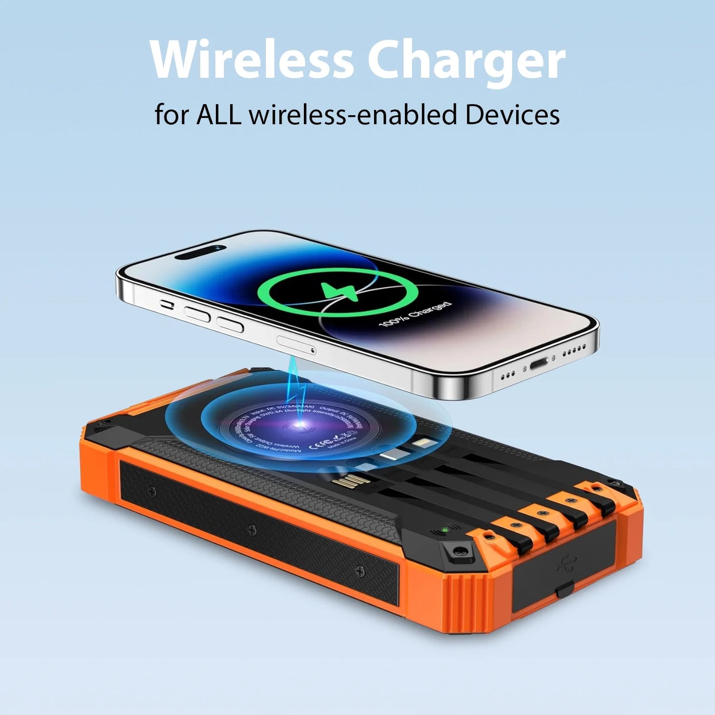 49800Mah Solar Power Bank Battery Pack Qi Wireless, Portable Wireless Charger with 4 Cables