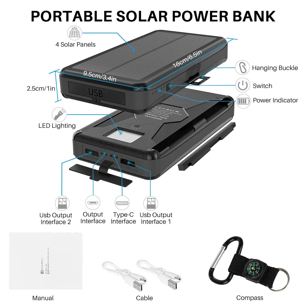 Ultimate Portable Solar Charger for iPhone & Android - 30000mAh Power Bank with 4 Solar Panels and Built-in Compass