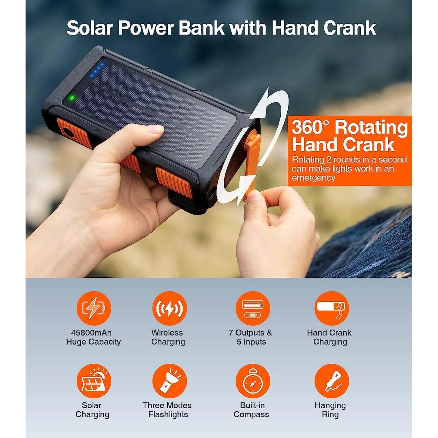 High-Capacity 45800mAh Solar Power Bank with Hand Crank, Wireless Charging & Multiple Cables - Perfect for iPhone & Android Devices