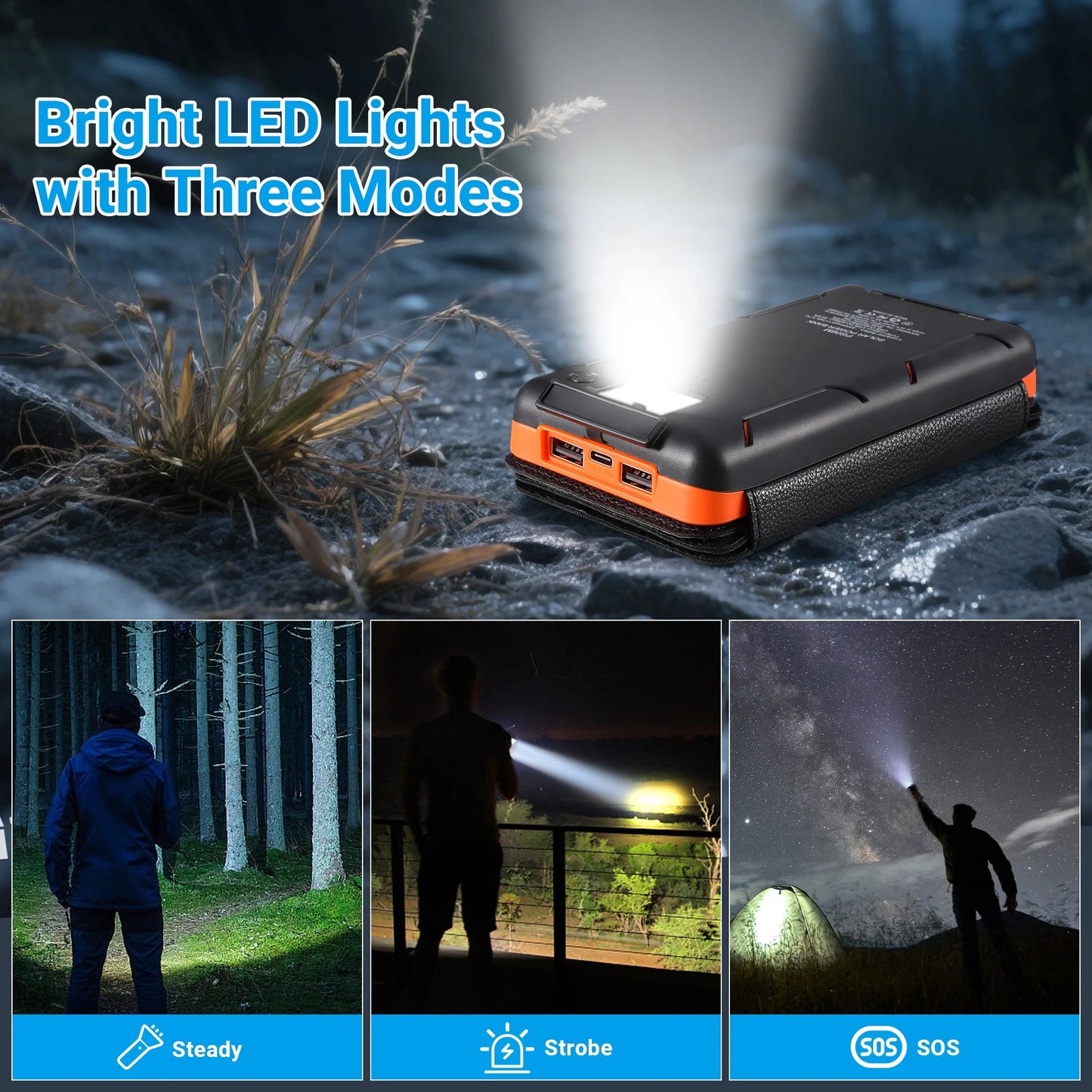 Power Up Anywhere: 30000mAh Waterproof Solar Charger with 4 Foldable Panels for iPhone & Android - Perfect for Camping, Hiking, and Travel (Orange)