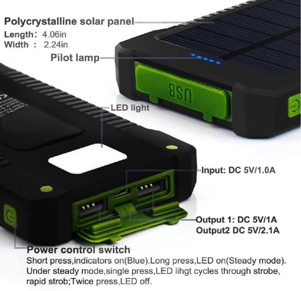 Power Up Anywhere: 2023 Super 5000000mAh Waterproof Solar Power Bank with Dual USB Ports in Black & Green
