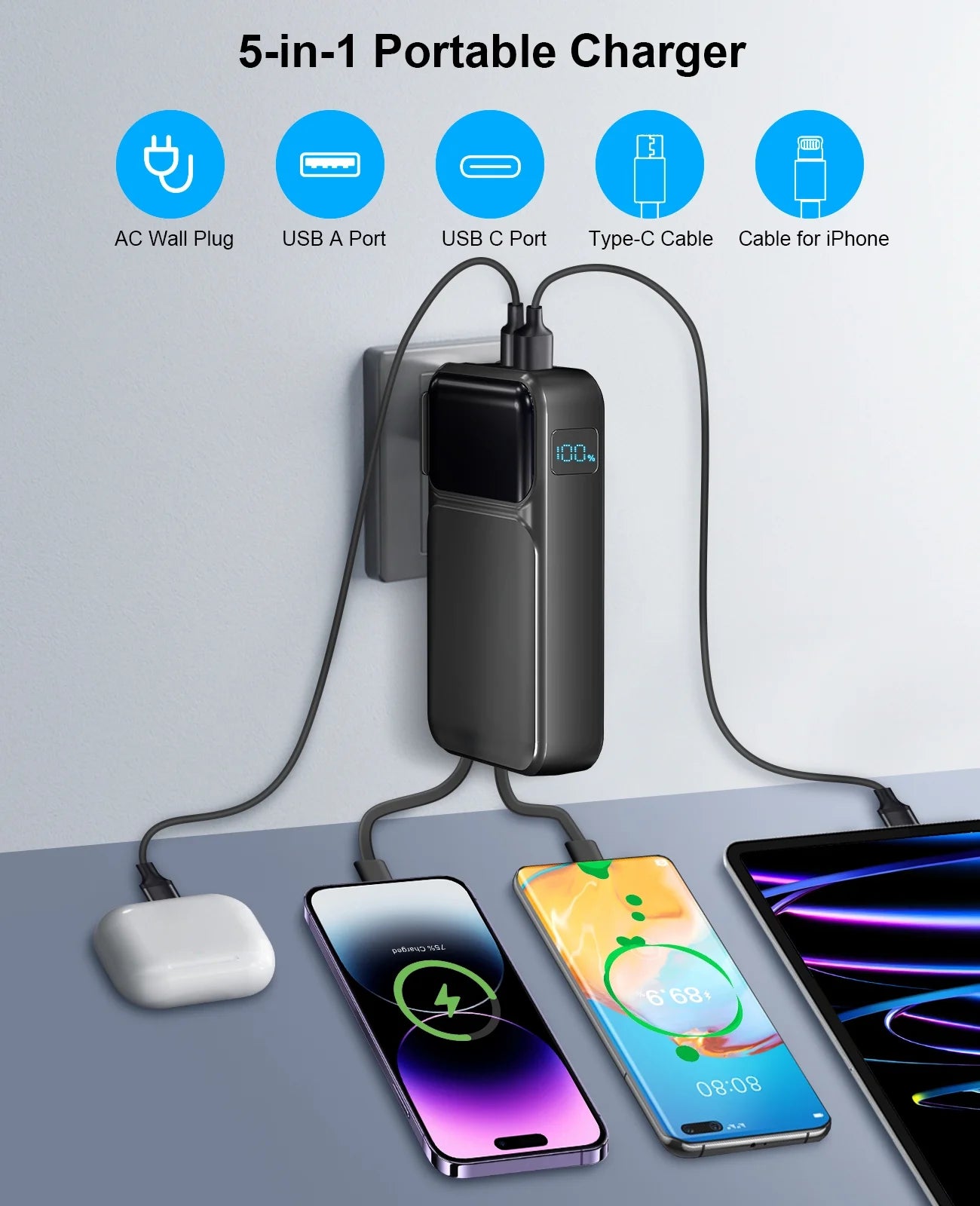 38800mAh Ultra-Portable Power Bank with Built-In Cables and AC Plug - Fast Charging for iPhone & Android - Perfect Travel Companion