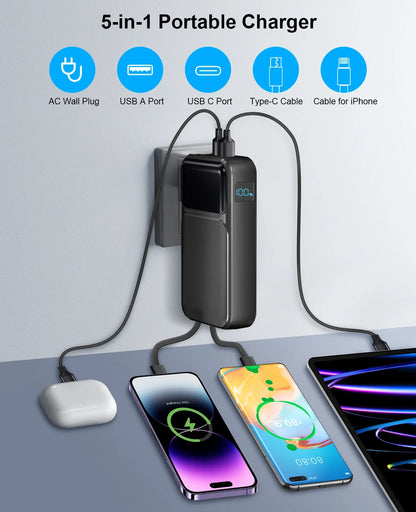 38800mAh Ultra-Portable Power Bank with Built-In Cables and AC Plug - Fast Charging for iPhone & Android - Perfect Travel Companion