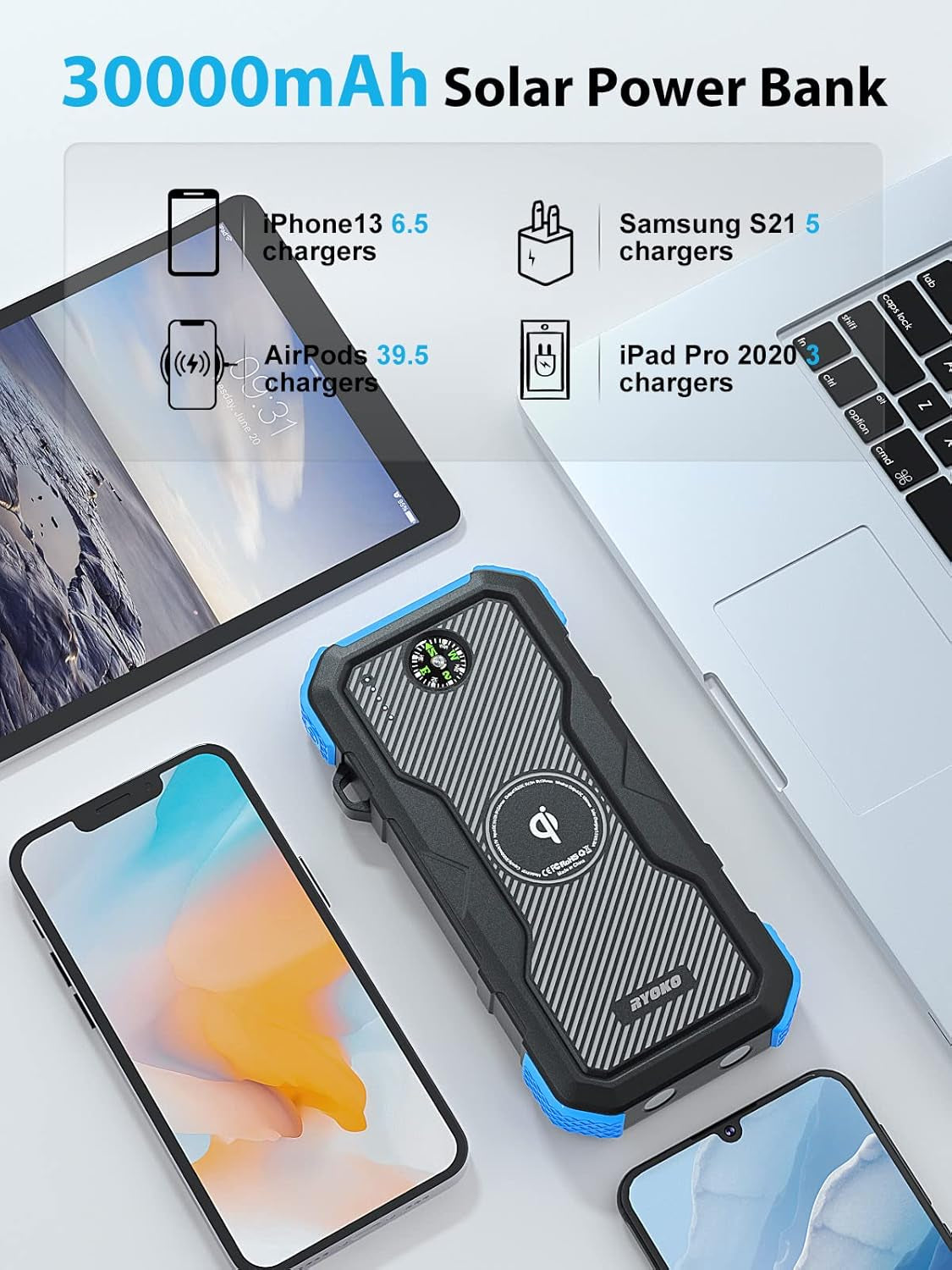 Solar Charger Power Bank, 30000Mah Solar Phone Charger with 10W Wireless Charging, Dual USB & Type-C Port, QC 18W Fast Charging Power Bank for Iphone, Samsung, Tablet