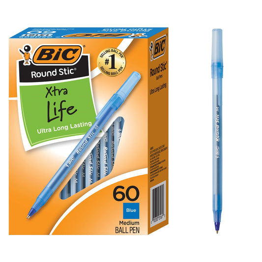 round Stic Xtra Life Ballpoint Pens, Medium Point, 1.0Mm, Blue Ink, 60 Count