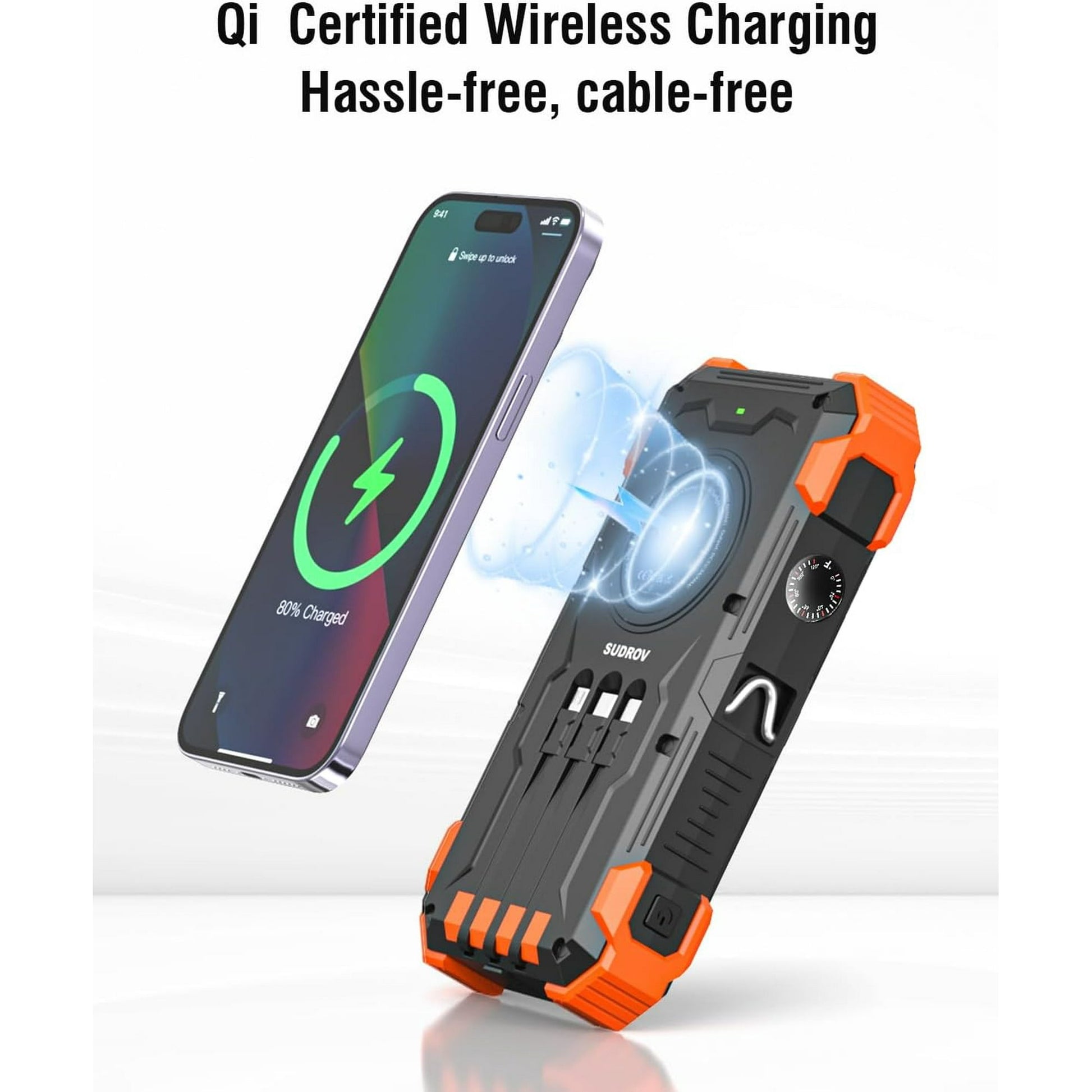 Ultimate 42800mAh Solar Power Bank with 4 Built-in Cables - Fast Charging Portable Charger for All Devices with Dual Flashlights and Carabiner