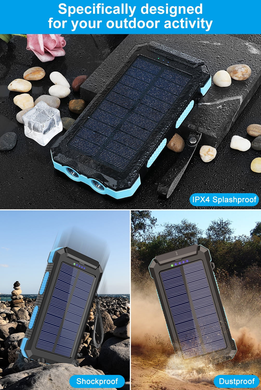 30000Mah Solar Power Bank Compatible for Iphone 17 Cell Phone 12W Portable Charger Power Bank for Outdoor Camping Hiking (Blue)