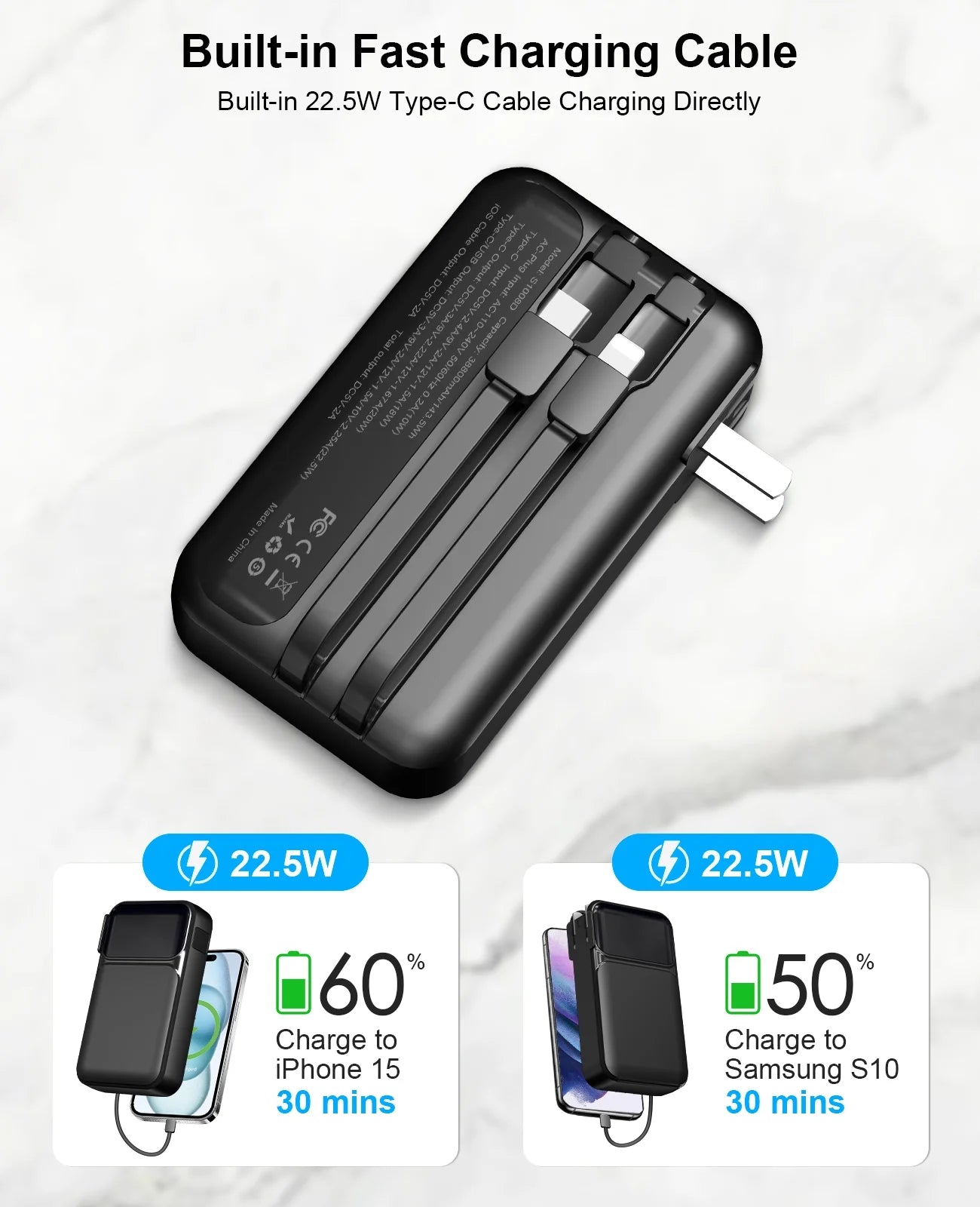 38800mAh Ultra-Portable Power Bank with Built-In Cables and AC Plug - Fast Charging for iPhone & Android - Perfect Travel Companion
