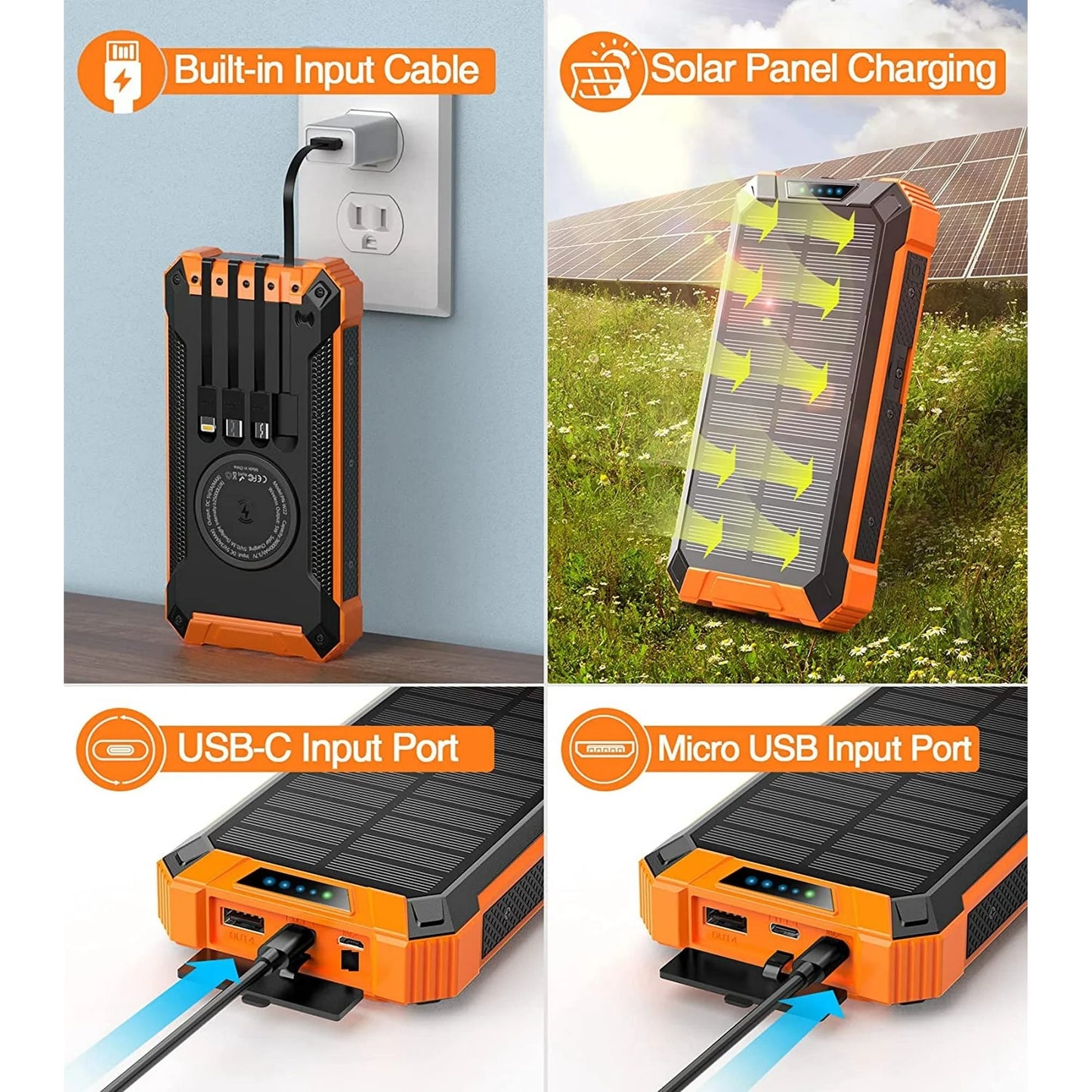 36000mAh Solar Power Bank with 15W Fast Charging, Wireless Charging & Built-in Cables - Perfect for iPhone & Android Devices