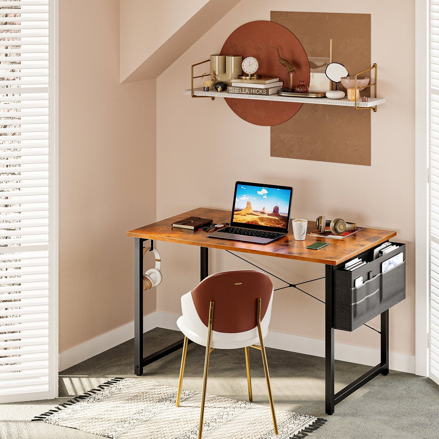 Chic Vintage Computer Writing Desk - 40 Inch Sturdy Home Office Table with Storage Bag & Headphone Hook