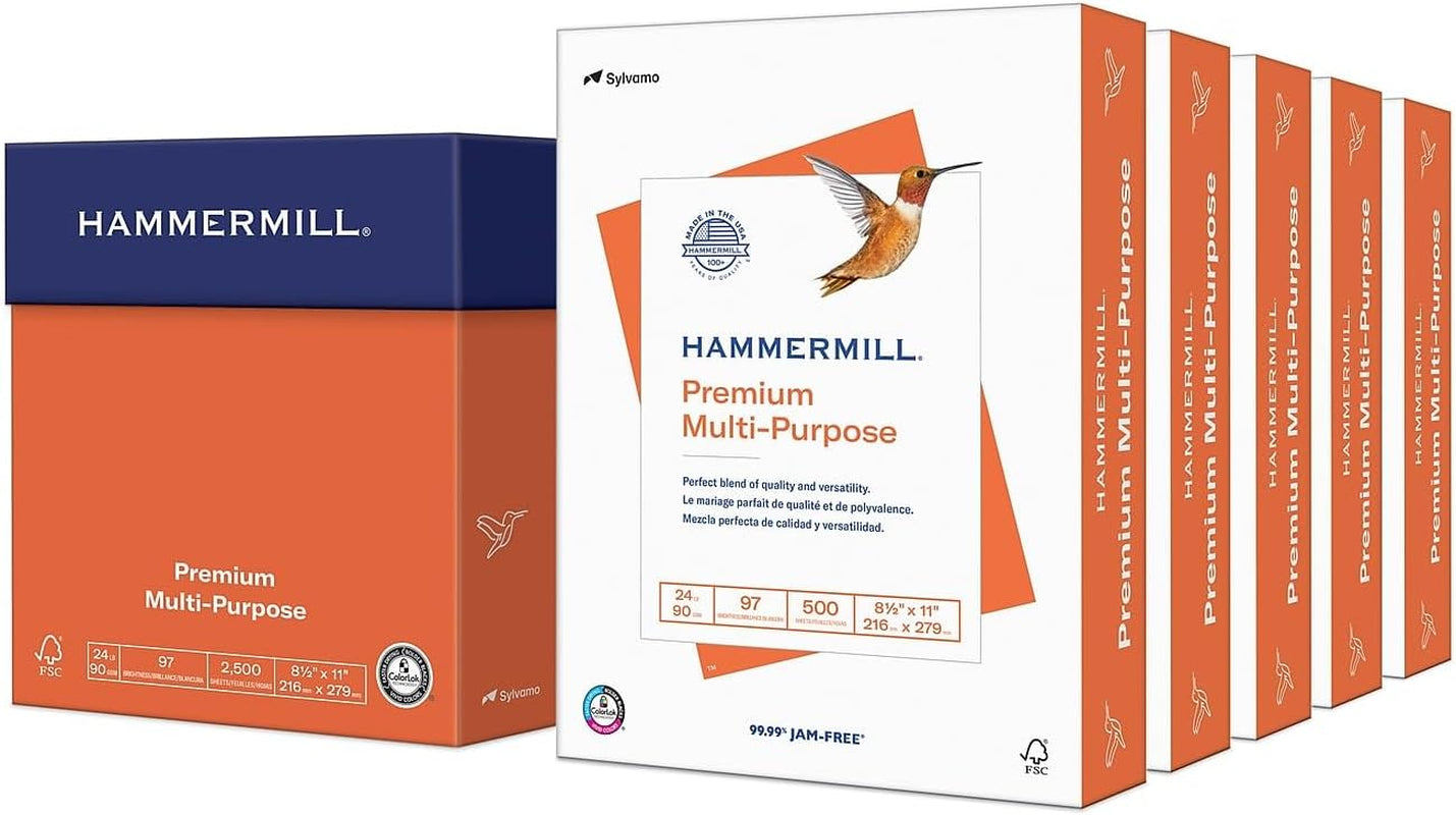 Printer Paper, Premium Multipurpose Paper 24 Lb, 8.5 X 11 - 5 Ream (2,500 Sheets) - 97 Bright, Made in the USA, 105810C