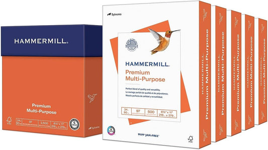 Printer Paper, Premium Multipurpose Paper 24 Lb, 8.5 X 11 - 5 Ream (2,500 Sheets) - 97 Bright, Made in the USA, 105810C