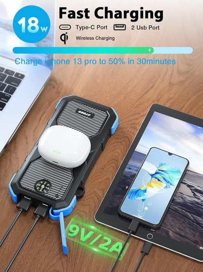 Solar Charger Power Bank, 30000Mah Solar Phone Charger with 10W Wireless Charging, Dual USB & Type-C Port, QC 18W Fast Charging Power Bank for Iphone, Samsung, Tablet