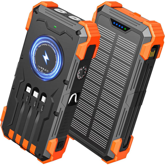 Ultimate 42800mAh Solar Power Bank with 4 Built-in Cables - Fast Charging Portable Charger for All Devices with Dual Flashlights and Carabiner