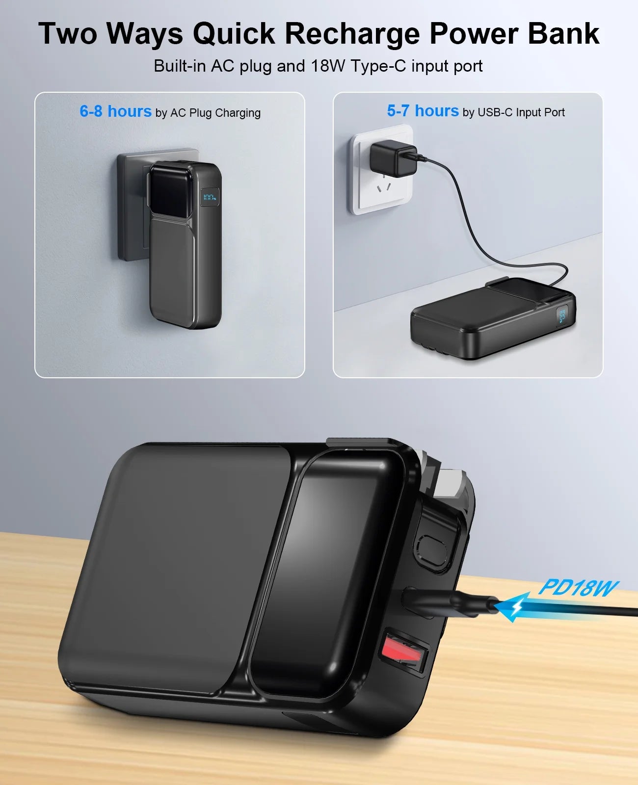 38800mAh Ultra-Portable Power Bank with Built-In Cables and AC Plug - Fast Charging for iPhone & Android - Perfect Travel Companion