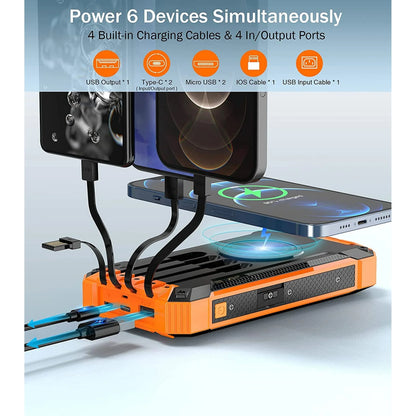 36000mAh Solar Power Bank with 15W Fast Charging, Wireless Charging & Built-in Cables - Perfect for iPhone & Android Devices