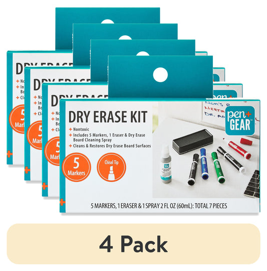 (4 Pack)  Dry Erase Marker Kit, 7 Pieces, Includes Chisel Tip Assorted Ink Colors, Cleaner and Eraser
