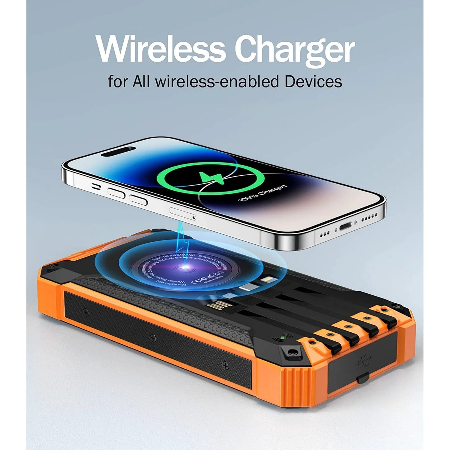 36000mAh Solar Power Bank with 15W Fast Charging, Wireless Charging & Built-in Cables - Perfect for iPhone & Android Devices