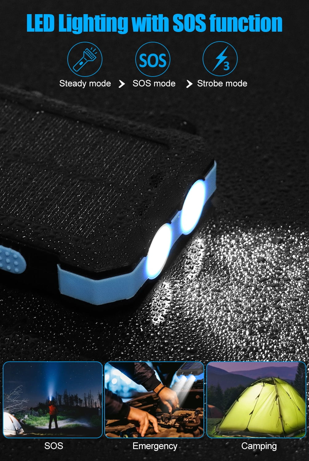 30000Mah Solar Power Bank Compatible for Iphone 17 Cell Phone 12W Portable Charger Power Bank for Outdoor Camping Hiking (Blue)