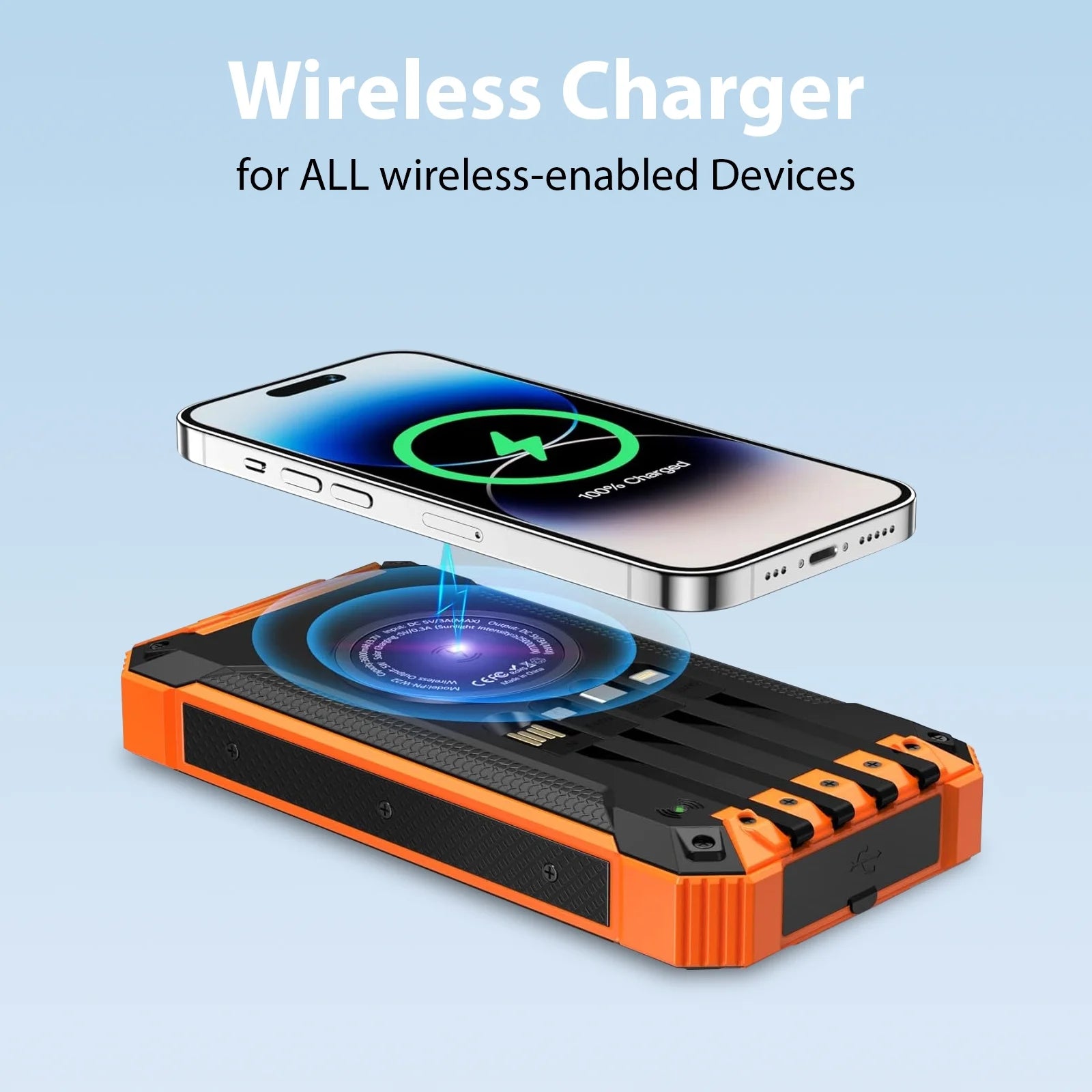 49800Mah Solar Power Bank Battery Pack Qi Wireless, Portable Wireless Charger with 4 Cables