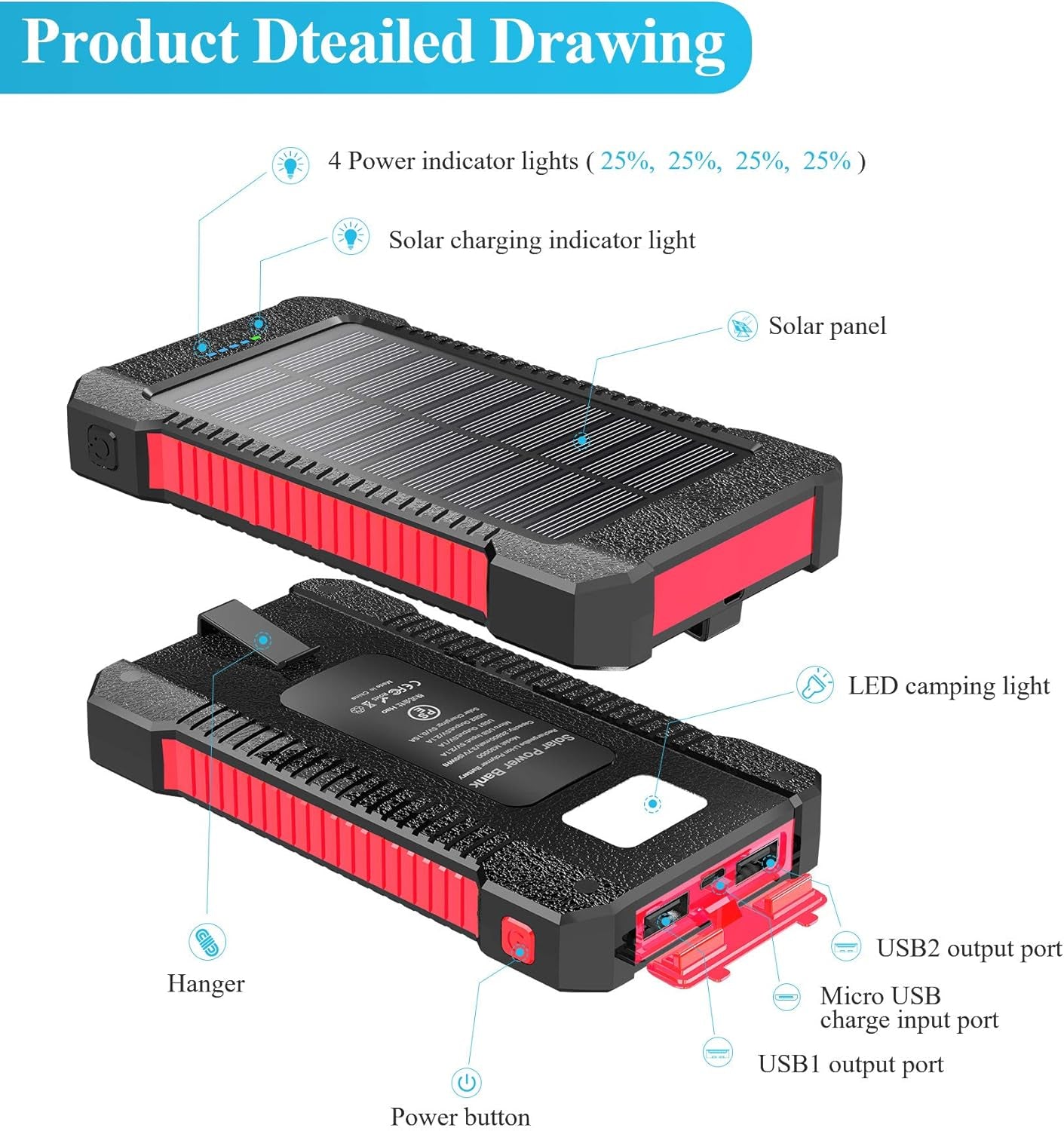 Power Up Anywhere: 26800mAh Portable Solar Charger with Dual USB Outputs and LED Light - Waterproof and Perfect for Outdoor Adventures