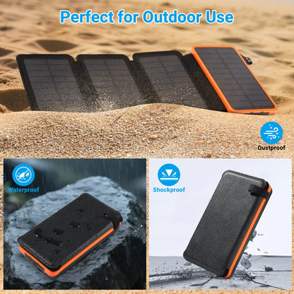 Power Up Anywhere: 30000mAh Waterproof Solar Charger with 4 Foldable Panels for iPhone & Android - Perfect for Camping, Hiking, and Travel (Orange)