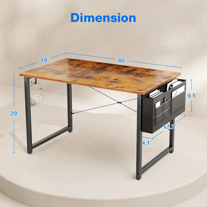 Chic Vintage Computer Writing Desk - 40 Inch Sturdy Home Office Table with Storage Bag & Headphone Hook