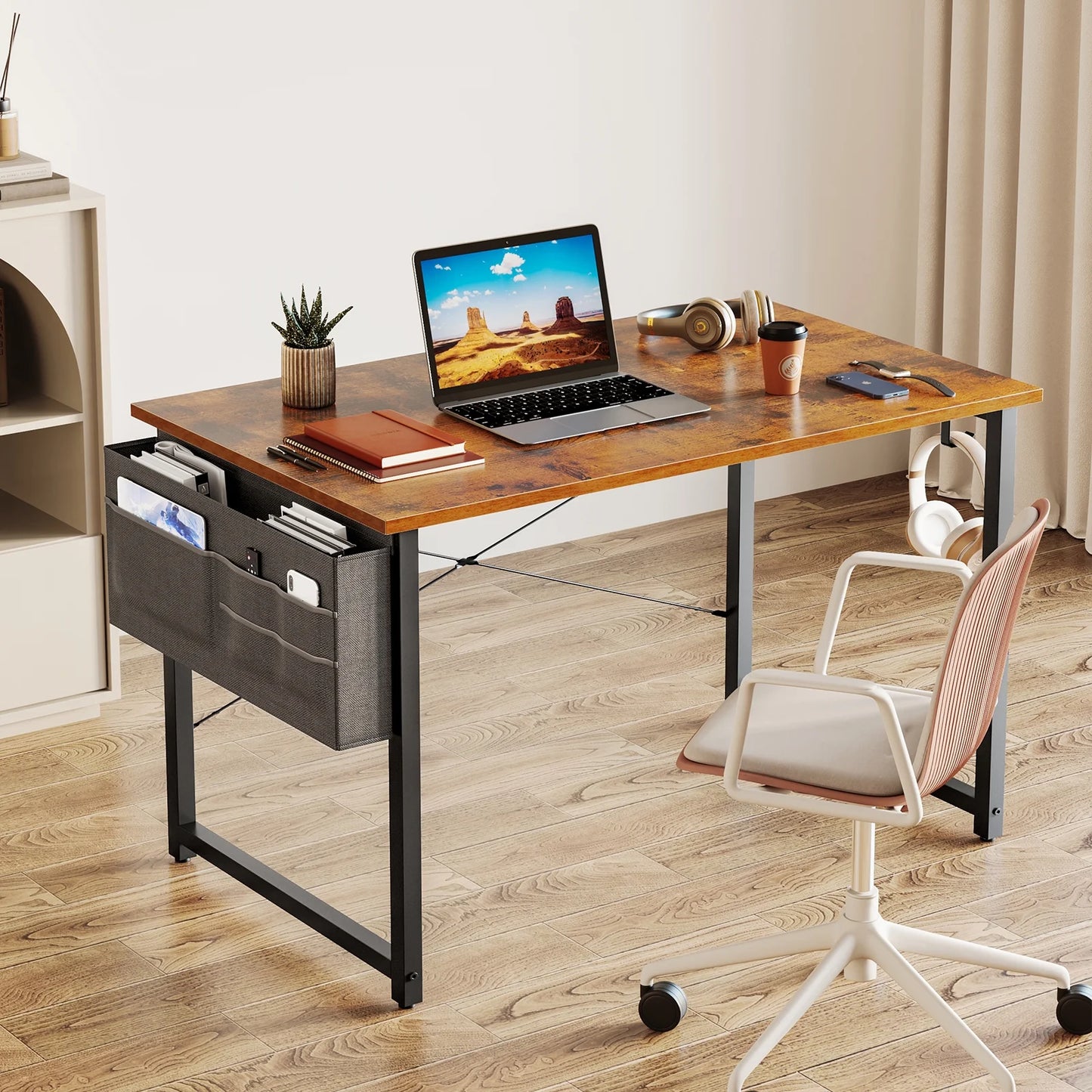Chic Vintage Computer Writing Desk - 40 Inch Sturdy Home Office Table with Storage Bag & Headphone Hook