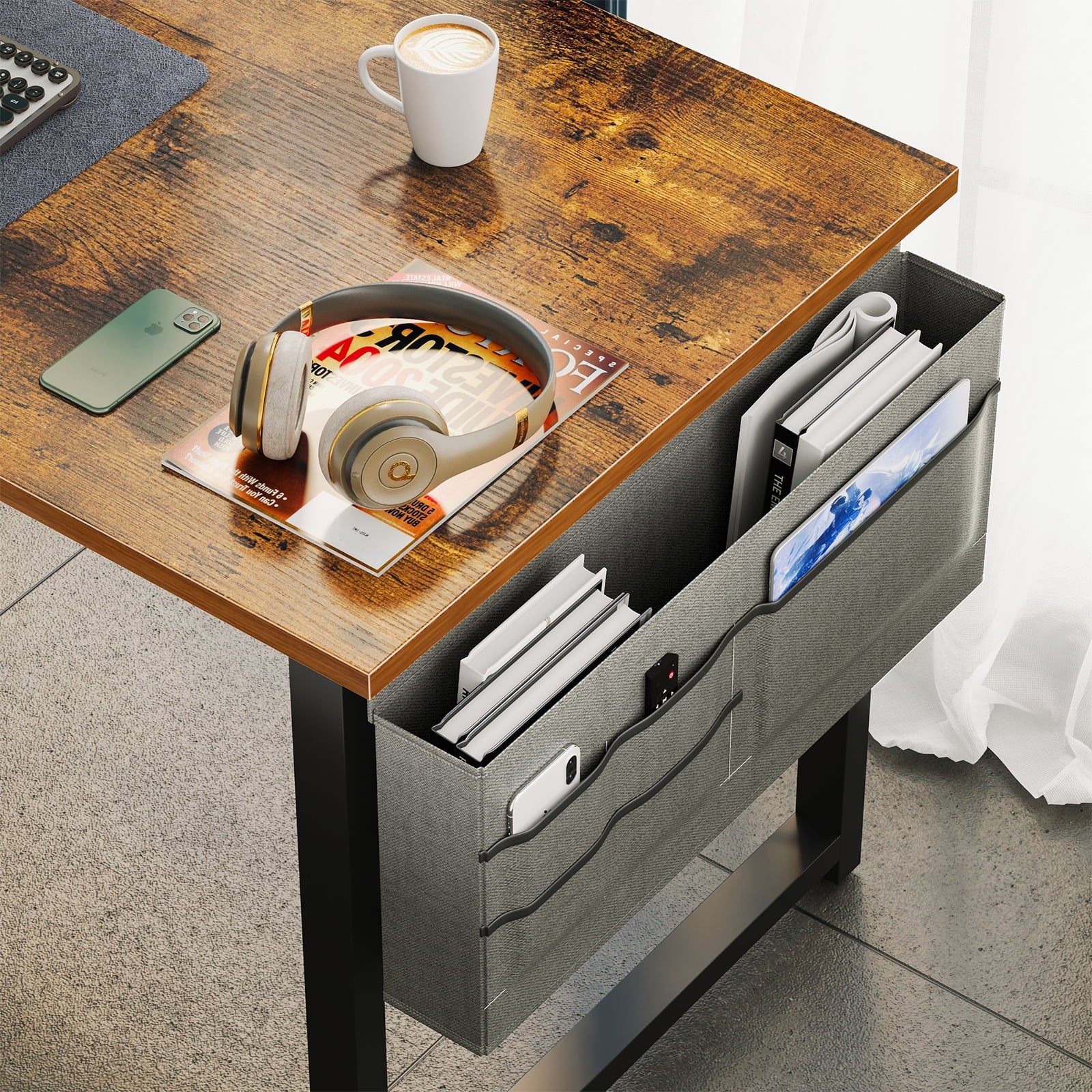 Chic Vintage Computer Writing Desk - 40 Inch Sturdy Home Office Table with Storage Bag & Headphone Hook