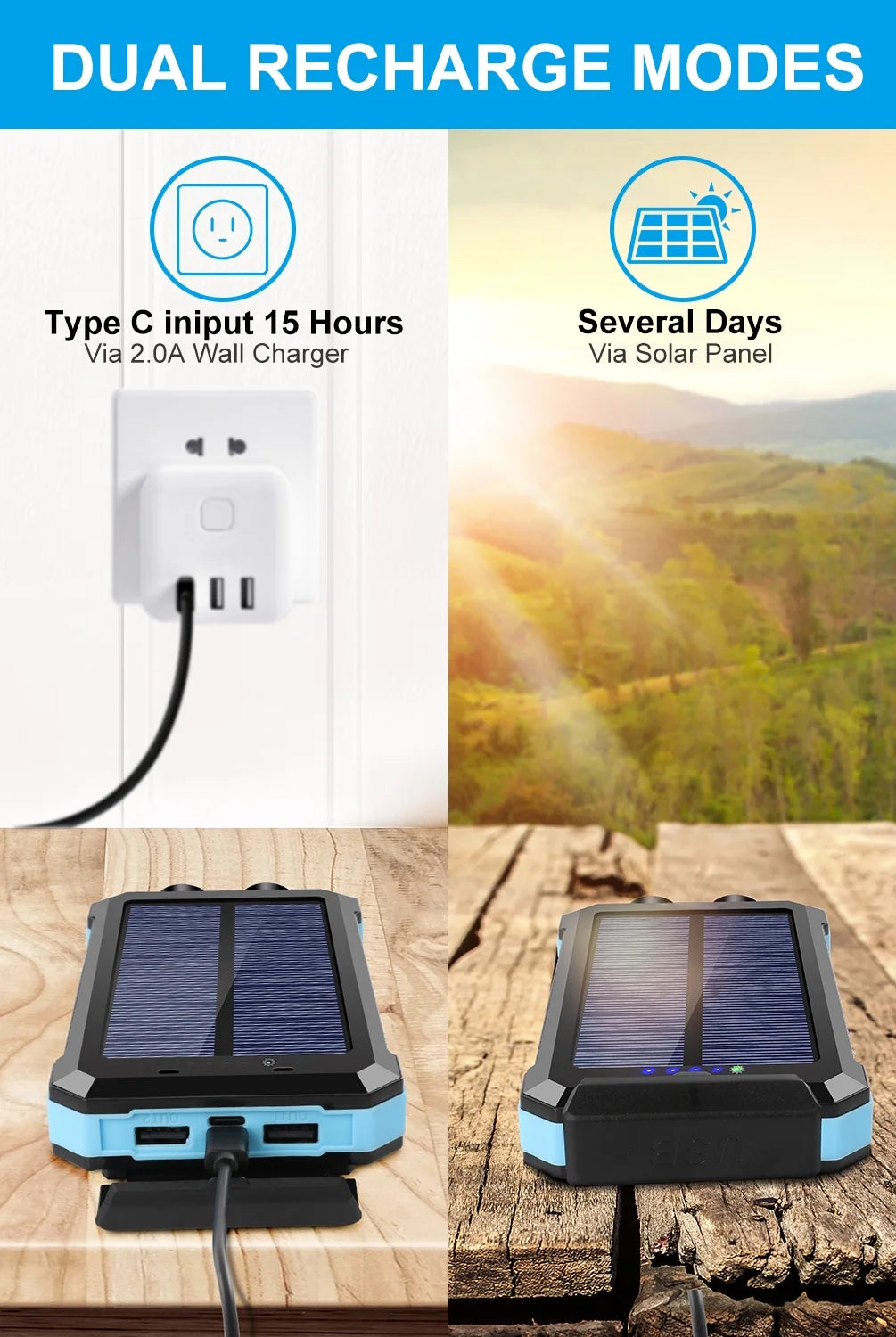 30000Mah Solar Power Bank Compatible for Iphone 17 Cell Phone 12W Portable Charger Power Bank for Outdoor Camping Hiking (Blue)