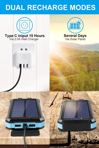 30000Mah Solar Power Bank Compatible for Iphone 17 Cell Phone 12W Portable Charger Power Bank for Outdoor Camping Hiking (Blue)