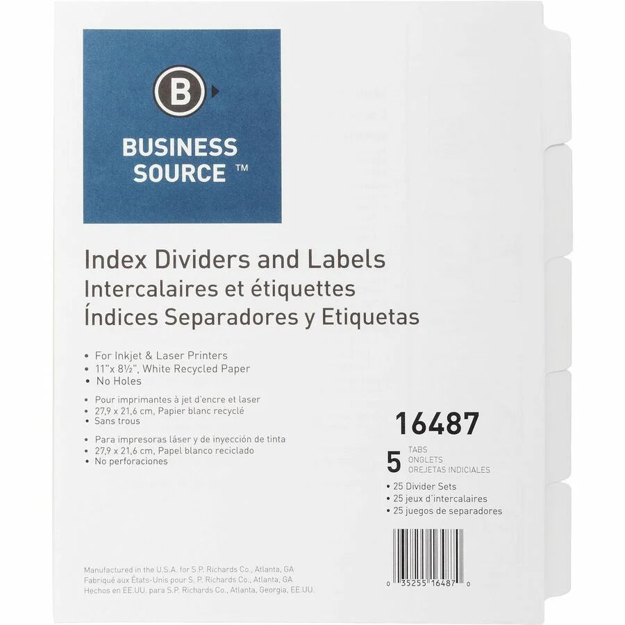 Un-Punched Index Dividers Set 5 X Divider(S) - Blank Tab(S) - 5 Tab(S)/Set - White Divider - White Tab(S) - 25 / Box