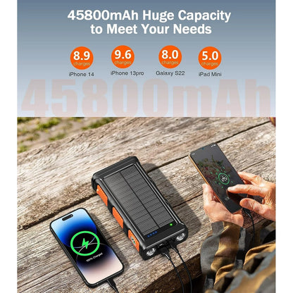 High-Capacity 45800mAh Solar Power Bank with Hand Crank, Wireless Charging & Multiple Cables - Perfect for iPhone & Android Devices