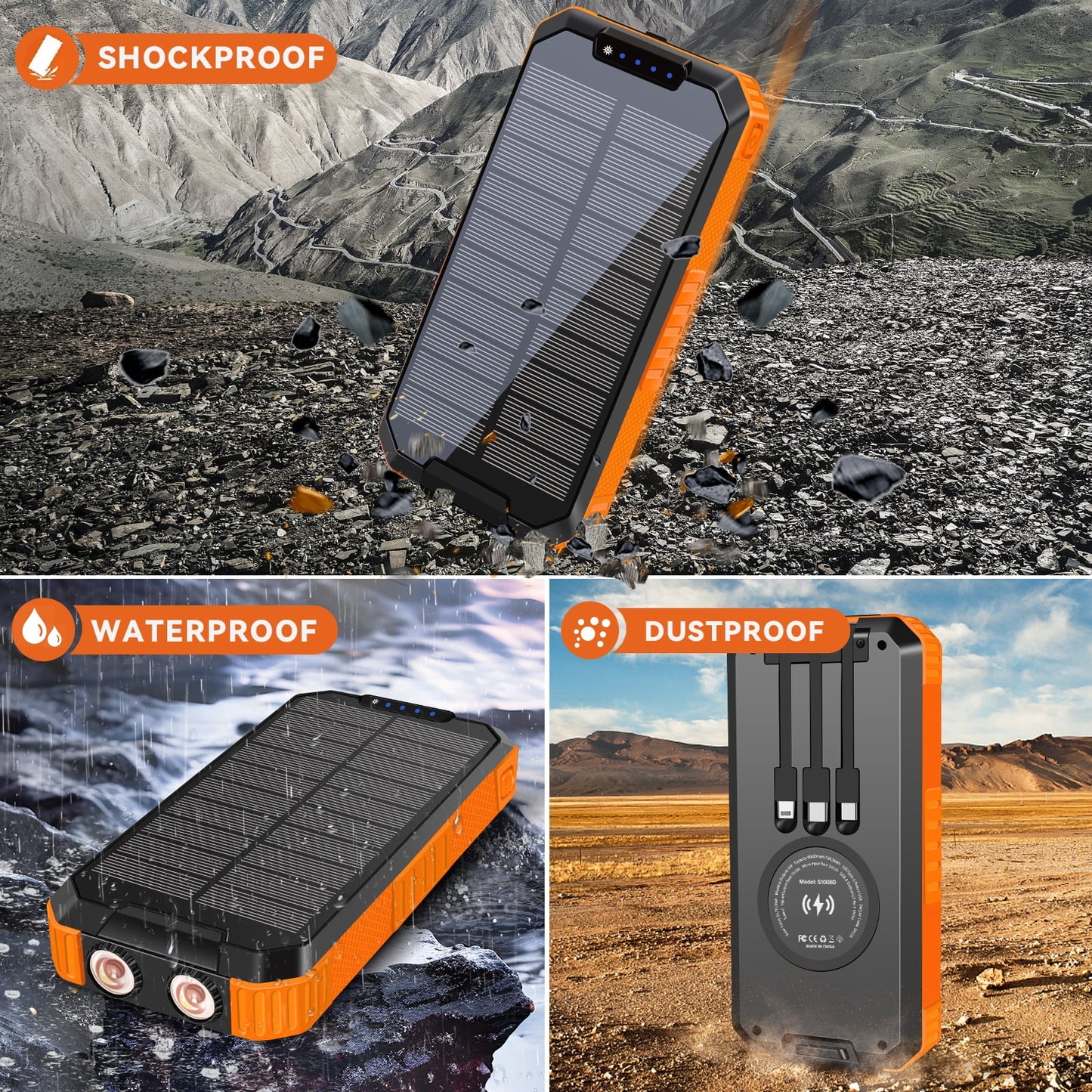 Ultimate 49800mAh Solar Power Bank with 3 Built-in Cables & Wireless Charging - Perfect for Outdoor Adventures!