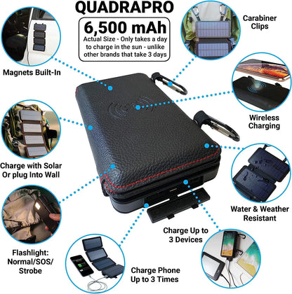 Quadrapro Solar Power Bank: Ultimate 5.5W 4-Panel Wireless Charger for iPhone & Android with Dual USB Ports, Flashlight, and Magnetic Mounts