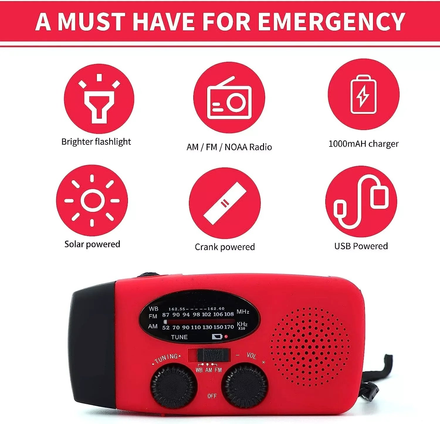 Emergency Solar Crank Radio with 1000mAh Power Bank and Flashlight - Your Essential Survival Tool