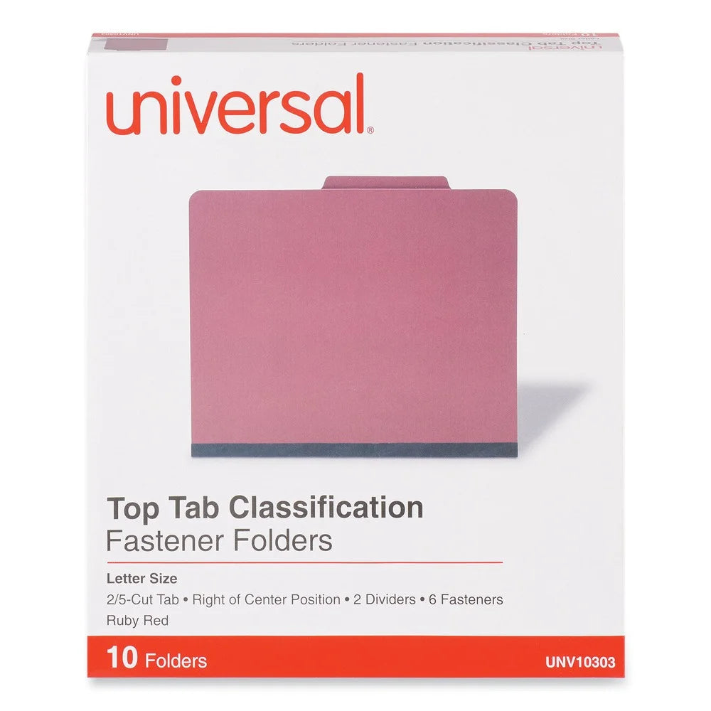 Bright Colored Pressboard Classification Folders, 2 Dividers, Letter Size, Ruby Red, 10/Box