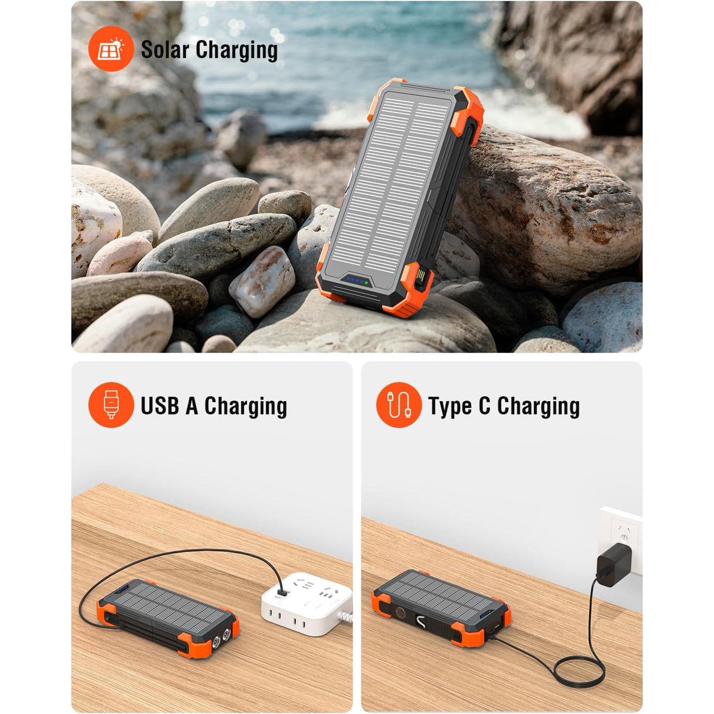 Ultimate 42800mAh Solar Power Bank with 4 Built-in Cables - Fast Charging Portable Charger for All Devices with Dual Flashlights and Carabiner