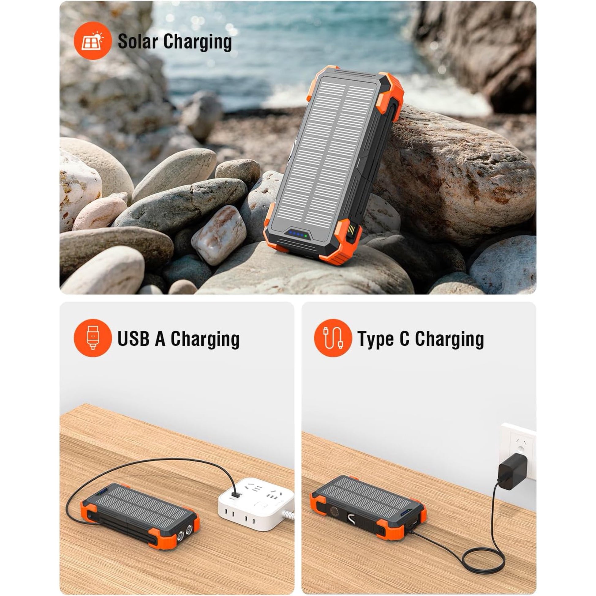 Ultimate 42800mAh Solar Power Bank with 4 Built-in Cables - Fast Charging Portable Charger for All Devices with Dual Flashlights and Carabiner