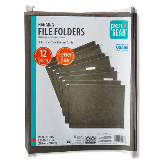 Letter Size Hanging File Folders, Green, 12 Count