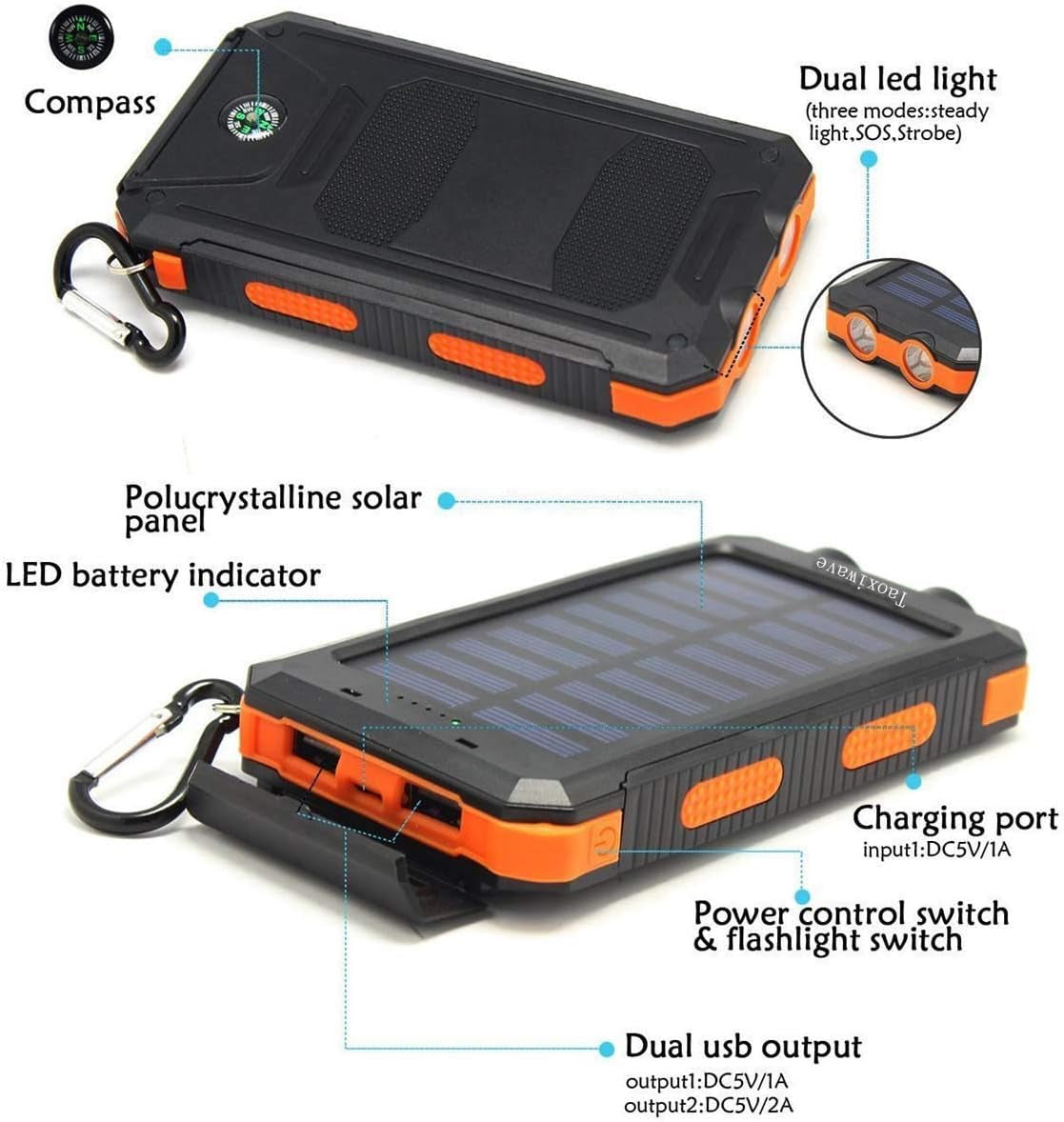 Power Up Your Adventures with the 20000mAh Solar Charger - Waterproof, Fast Charging Portable Power Bank with Dual USB, Flashlight, and Compass