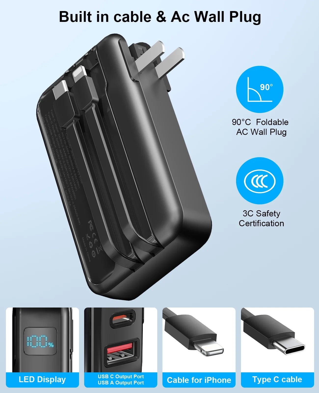 38800mAh Ultra-Portable Power Bank with Built-In Cables and AC Plug - Fast Charging for iPhone & Android - Perfect Travel Companion