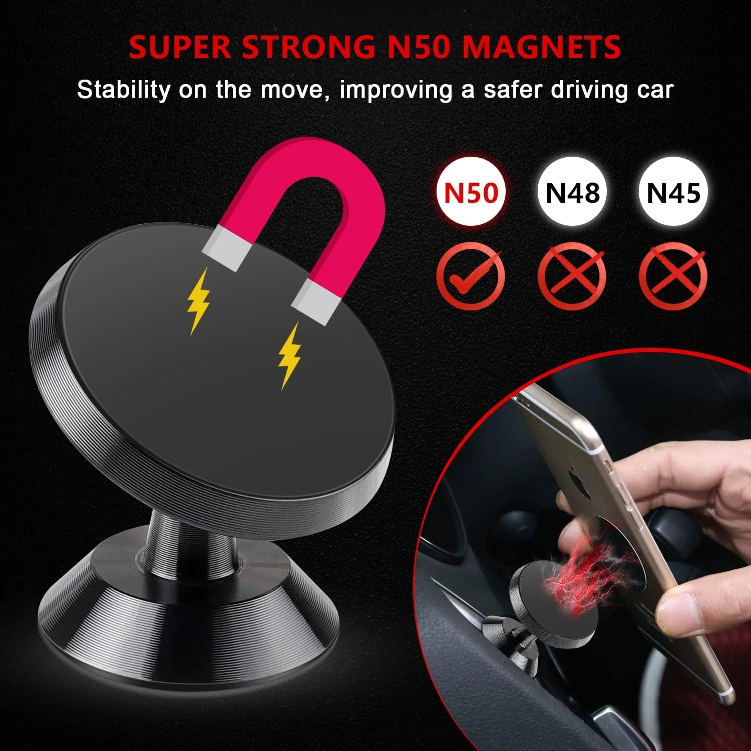 2 Pack Car Magnetic Phone Mount, Car Phone Holder for Dashboard, 360° Adjustable Magnet Cell Phone Mount Universal Dashboard Car Mount Fits Iphone Samsung Etc Most Smartphones