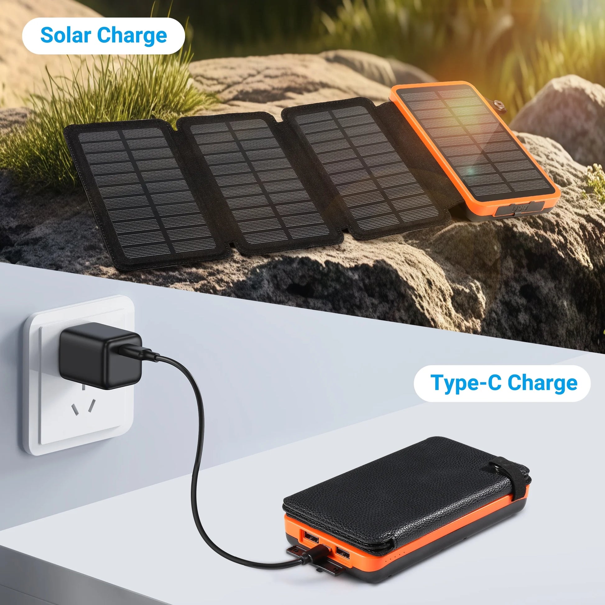 Power Up Anywhere: 30000mAh Waterproof Solar Charger with 4 Foldable Panels for iPhone & Android - Perfect for Camping, Hiking, and Travel (Orange)