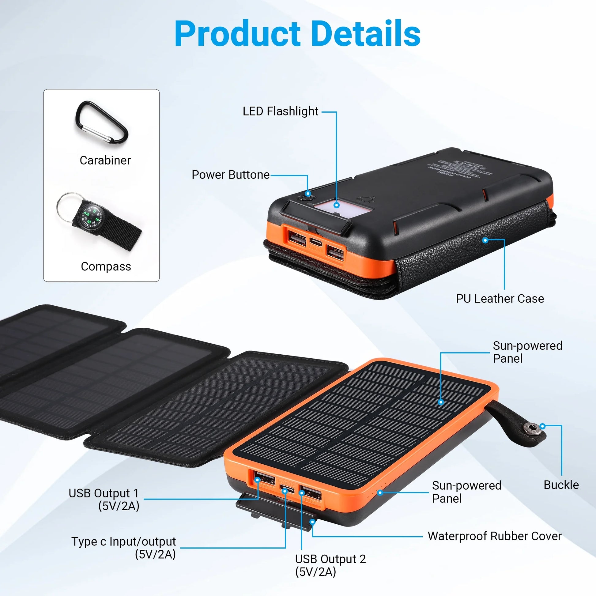 Power Up Anywhere: 30000mAh Waterproof Solar Charger with 4 Foldable Panels for iPhone & Android - Perfect for Camping, Hiking, and Travel (Orange)