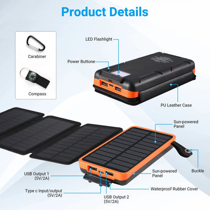 Power Up Anywhere: 30000mAh Waterproof Solar Charger with 4 Foldable Panels for iPhone & Android - Perfect for Camping, Hiking, and Travel (Orange)