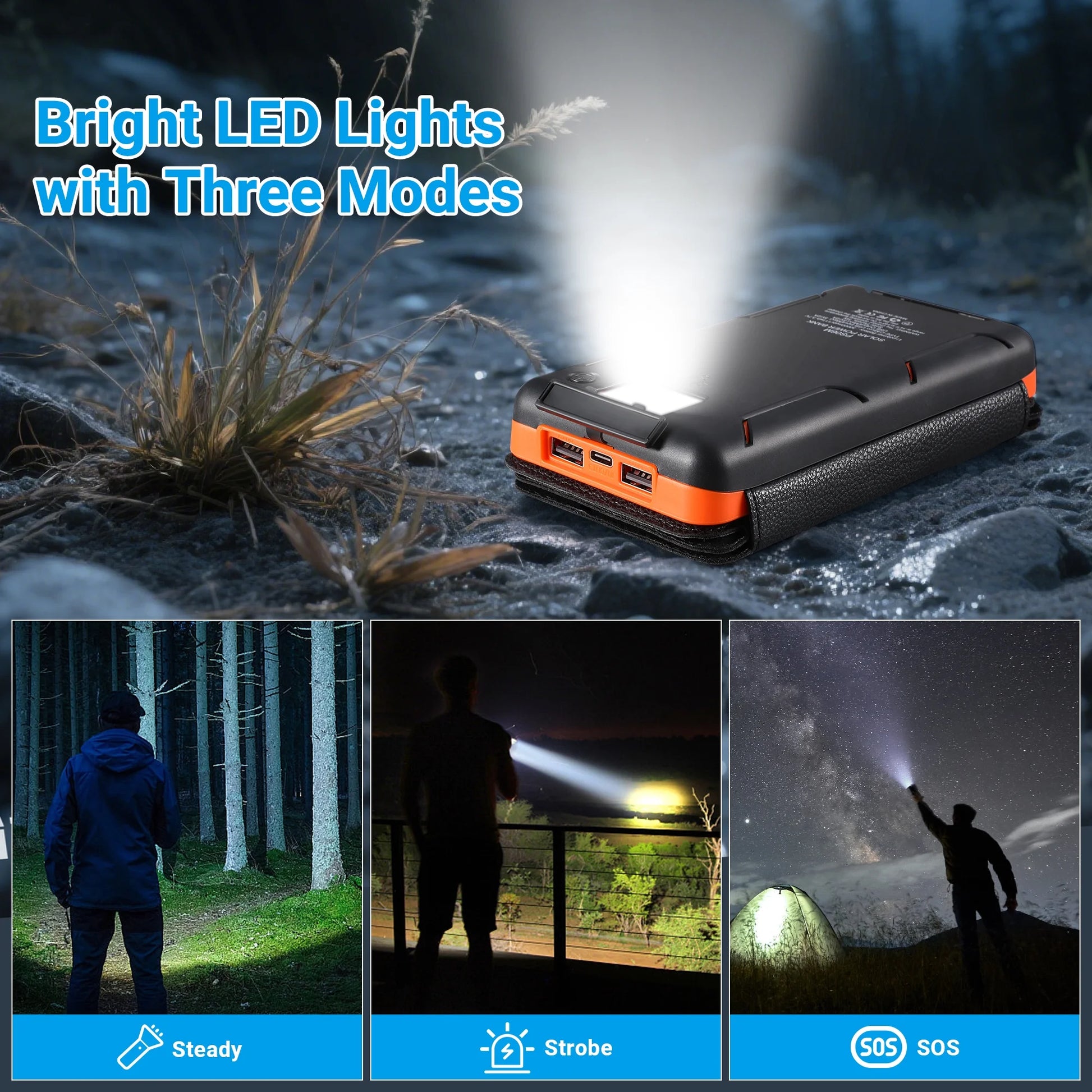 Power Up Anywhere: 30000mAh Waterproof Solar Charger with 4 Foldable Panels for iPhone & Android - Perfect for Camping, Hiking, and Travel (Orange)