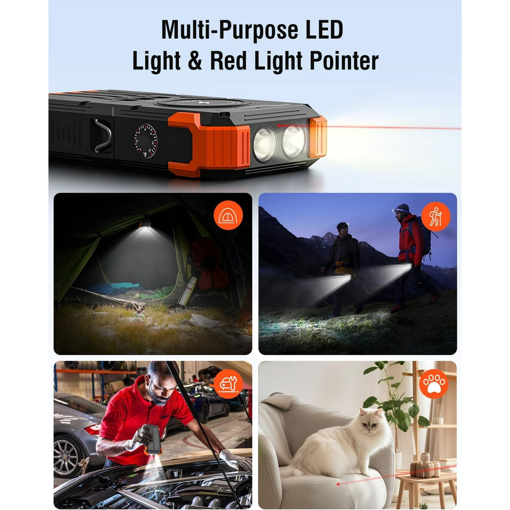 Ultimate 42800mAh Solar Power Bank with 4 Built-in Cables - Fast Charging Portable Charger for All Devices with Dual Flashlights and Carabiner