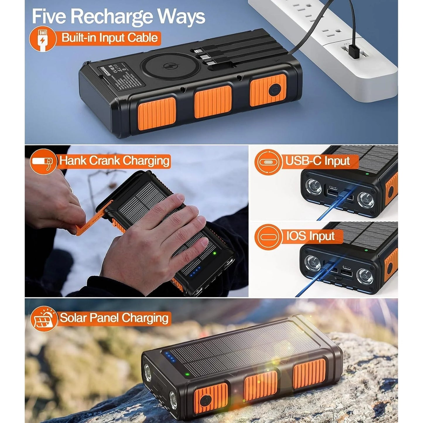 High-Capacity 45800mAh Solar Power Bank with Hand Crank, Wireless Charging & Multiple Cables - Perfect for iPhone & Android Devices